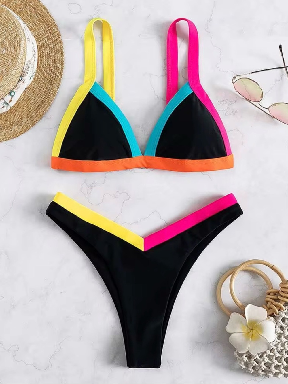 Shein Bikini Swimsuit Y2K Neon Pink Black Blue Cheeky 90’s Colorful Large